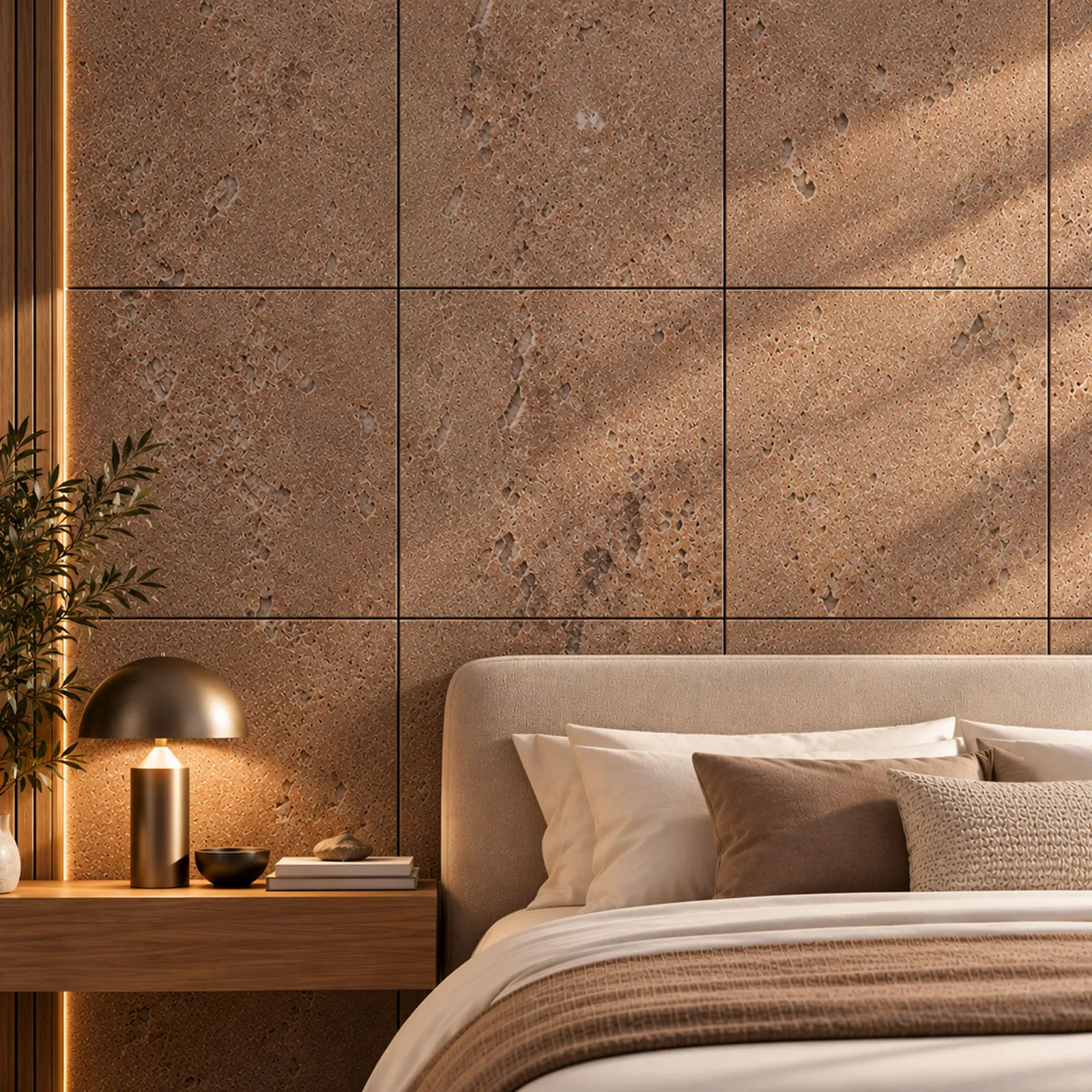 Bedroom with a warm stone-clad feature wall