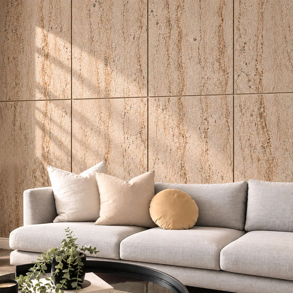 Living room with a veined travertine-look stone wall