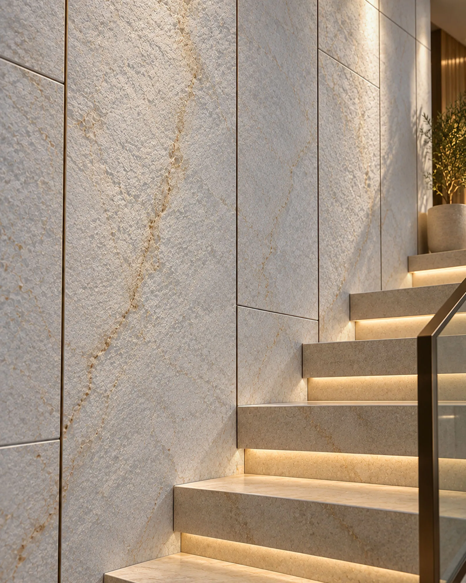 Natural stone wall with warm veining beside a softly lit staircase