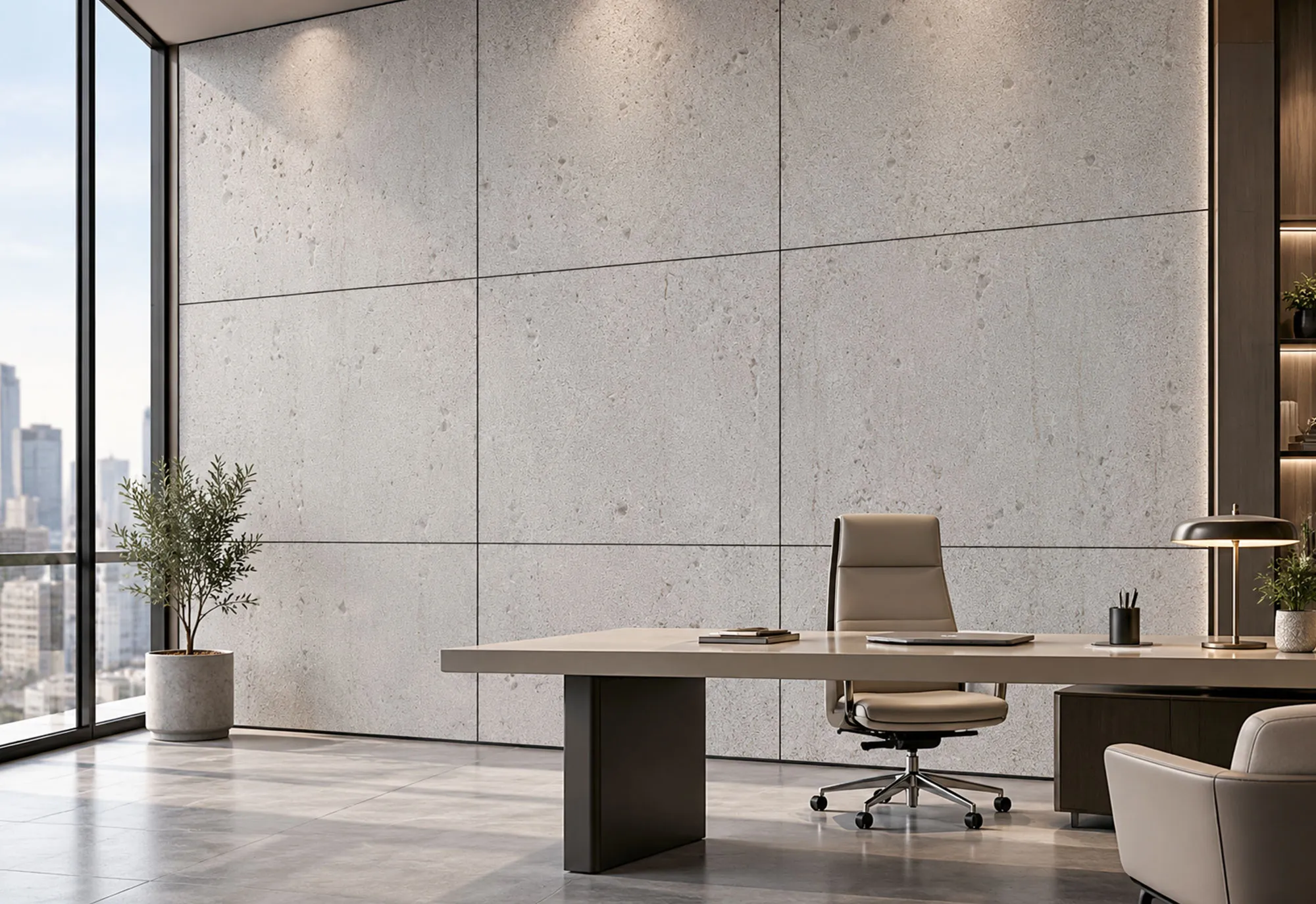 Executive office with a large-format poly stone wall